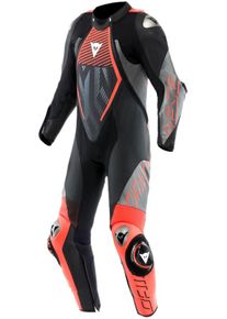 Dainese Audax D-Zip, leren pak 1st. geperforeerd , kleur: Zwart/Neon-Rood/Grijs , maat: 46