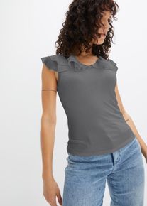 Trikootoppi sifonkiröyhelöllä, harmaa, 44/46, bonprix