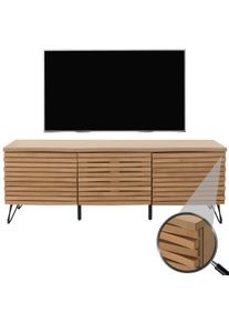 TV-Rack HWC-M49, Lowboard TV-Schrank, 3D-Design Staufächer, MDF Metall 52x142x44cm ~ natur