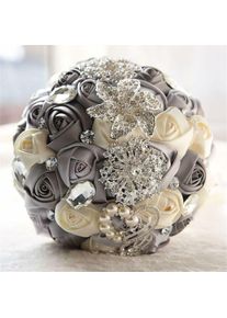 Broche faite à la main Bouquet de mariée mariée Satin Roses fleurs strass perles Bouquets Bouquet de mariage (Creystal Grey + Creamy) Fei Yu