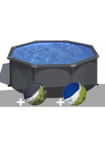 GRE - Kit piscine acier gris anthracite Gré Louko ronde 3,20 x 1,22 m + Bâche d'hivernage + Bâche à bulles