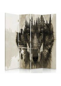 FEEBY - Paravent Design Loup et Forêt pour Décoration Intérieure - 145 x 150 cm - 2 faces r° v° - Noir, blanc