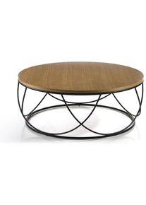Table basse ronde en bois coloris chêne avec pieds en métal noir - Diamètre 80 x Hauteur 30 cm -PEGANE-