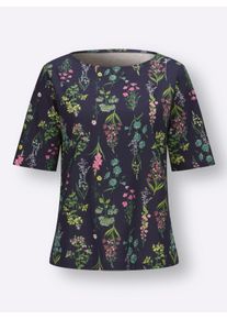 Dames Shirt met ronde hals in bloemdessin in marine/oudroze gedessineerd ,maat 38, WITT, 100% Katoen