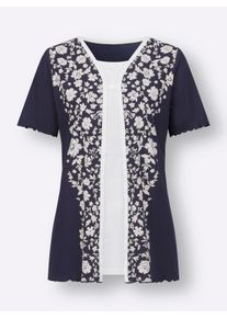 Dames 2-in-1-shirt met ingenaaide top, bedrukt in marine/ecru ,maat 38, WITT, 100% Katoen