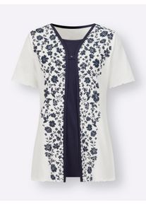 Dames 2-in-1-shirt met ingenaaide top, bedrukt in ecru/marine ,maat 38, WITT, 100% Katoen