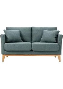 Miliboo Skandinavisches Sofa aus graugrünem Stoff mit Samteffekt und hellem Holz 2-Sitzer OSLO