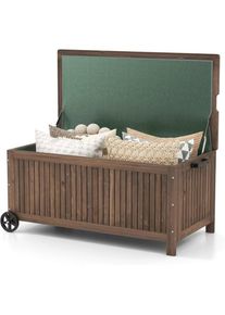 Costway Coffre de Rangement en Bois de Sapin 213L avec Doublure Amovible Imperméable, Banc de Rangement Extérieur à Roulettes Charge 50KG pour Terrasse