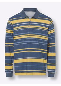 Heren Poloshirt met lange mouwen in rookblauw/geel gestreept ,maat 44/46, WITT, 100% Katoen