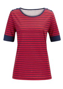 Dames Shirt met ronde hals, oogjes en siervetersluitingen in rood gestreept ,maat 38, WITT, 100% Katoen
