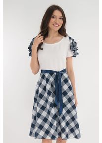Rochie clos alba cu imprimeu in carouri bleumarin