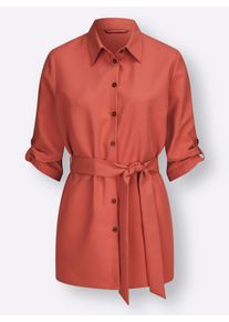 Dames Lange blouse met bindceintuur in terra ,maat 38, WITT, 100% Polyester