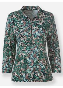 Dames Poloshirt met korte ritssluiting in mos/sesam bedrukt ,maat 38, WITT, 95% Viscose, 5% Elastan