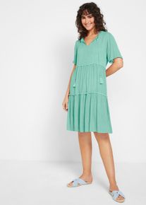 bonprix Mujer Vestido de caft&aacute;n, efecto arrugado, hasta la rodilla con detalles en el cuello verde 42