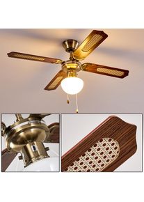 hofstein Vintage Ceiling fan light Morea with four MDF blades, cane-pattern insets, 3 speeds Antique brass metal housing, white shade, &oslash; 100 cm, E27