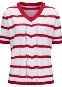 Dames Pullover met korte mouwen en kabelpatroon aardbei/wit gestreept Maat 48