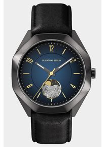 Men's Moonphase Watch - Black Blue - Brushed Stainless Steel Case, Sapphire Glass, Leather Strap - 39mm Case - Quartz Movement - Lilienthal Berlin