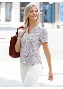 Dames Blouse met print en met rimpeling op de schouders in ecru/aardbei bedrukt ,maat 36, WITT, 100% Viscose