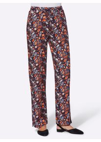Dames Comfortbroek met bladerprint in marine/papaja bedrukt ,maat 38, WITT, 100% Viscose