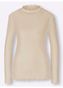 Heine Dames Shirt met lange mouwen en golvende randen in beige ,maat 34, Witt, 95% Katoen, 5% Elastan