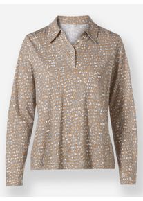 Dames Poloshirt met knoopsluiting in camel/steengrijs bedrukt ,maat 36, WITT, 50% Katoen, 50% Modal