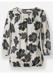 Dames Blouse met print en elastische boordjes in champagne/zwart bedrukt ,maat 36, WITT, 100% Viscose