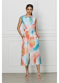 Rochie Ivonne turcoaz cu imprimeu orange si fermoar
