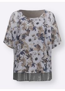 Dames Blouse met korte mouwen in laagjeslook, gebloemd in lichtgrijs/jeansblauw bedrukt ,maat 38, WITT, 100% Polyester