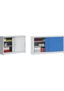 eurokraft pro Schuifdeurkast hoogte 1000 mm, met tussenschot en 2 x 2 legborden, breedte 1500 mm, diepte 420 mm, deurkleur lichtblauw RAL 5012