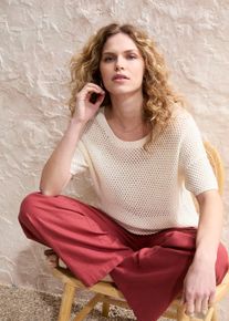 Sweter ażurowy oversize z domieszką lnu, rękawy 1/2, biały, 56/58, bonprix