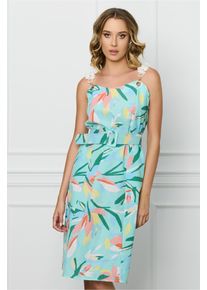 Rochie Ranya bleu cu imprimeu floral peach si curea in talie