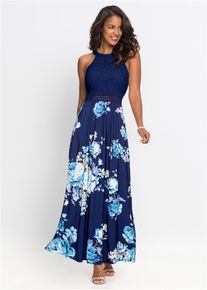 Gebloemde maxi zomerjurk met een kanten lijfje - blauw - maat 34 - bonprix