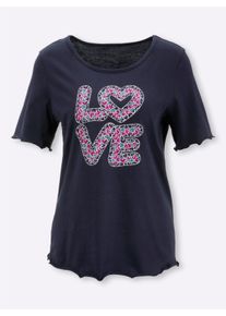 Dames Shirt met korte mouwen en LOVE-print in marine/magenta ,maat 38, WITT, 100% Katoen