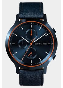 Men's Chronograph Watch - Blue Orange - Surgical Steel Case, Sapphire Glass, Blue Leather Strap - Date Display - 42mm , Quartz Movement by Ronda -