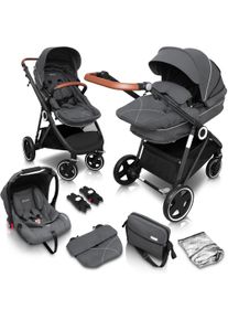 BABYGO Kombi-wagen »Halime 3In1, Grey Black«, Inklusive Babywanne, Babyschale, Regenhaube & Wickeltasche grau, Kombikinderwagen-Set »Halime 3in1«...