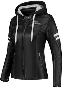 Rusty Stitches Joyce Hooded V2, veste en cuir pour femmes , couleur: Noir/Blanc , taille: 40