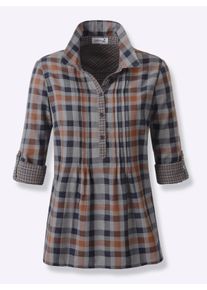 Dames Blouse met lange mouwen en biezen, geruit in cognac geruit ,maat 38, Witt, 100% Katoen