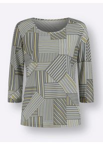 Dames Shirt met 3/4-mouwen en patchworkprint in geel/wit bedrukt ,maat 38, WITT, 100% Polyester