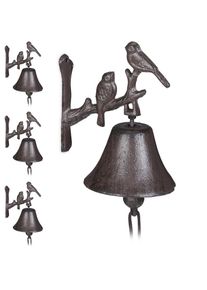 Relaxdays Clochette portière fonte, en lot de 4, Motif oiseau Cloche antique Sonnette murale Résistant température Brun Corde