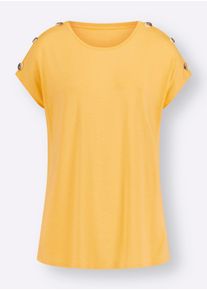 Dames Shirt met korte mouwen en sierknopen op de schouders in geel ,maat 36, WITT, 95% Viscose, 5% Elastan