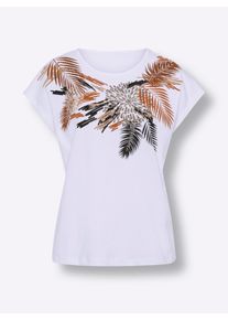Dames Shirt met korte mouwen van puur katoen in wit/cognac ,maat 38, WITT, 100% Katoen