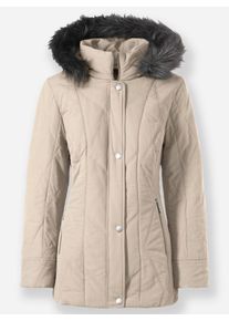 Dames Jack met capuchon van micro-moss in sesam ,maat 38, WITT, 84% Polyester, 16% Polyamide. Imitatiebont: 80% Polyacryl, 20% Polyester. Wattering: 