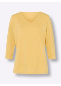 Dames Shirt met 3/4-mouwen en V-hals in geel ,maat 38, WITT, 100% Katoen