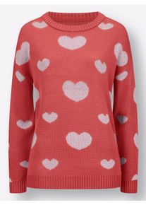 Damen Langarm-Pullover im Herzchen-Dessin in grapefruit-ecru-gemustert ,Gr&ouml;&szlig;e 52, WITT, 100% Polyacryl