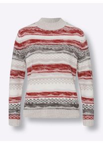 Dames Pullover met opstaande kraag en mix van breipatronen in lichtgrijs/rood gedessineerd ,maat 38, WITT, 100% Polyacryl