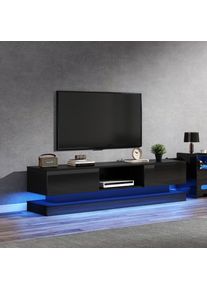 Meuble tv noir brillant 160 x 35 x 40,5 cm avec éclairage led, 2 tiroirs, contrôle des applications, conception anti-inclinaison, adapté aux