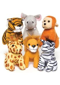 Jungle Animal Plush Toys (Pack of 6) 6 Assorted Animal Designs Including Giraffe & Elephant, Soft & Sensory Toys