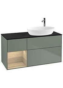 Villeroy & Boch Villeroy und Boch Finion Waschtischunterschrank F922PCGM 120cm, Abdeckplatte black matt, Regale Oak Veneer, Olive Matt Lacquer