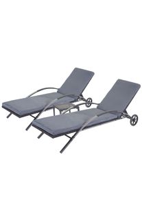 2er-Set Sonnenliege HWC-E27, Relaxliege Gartenliege, Poly-Rattan ~ schwarz Kissen dunkelgrau