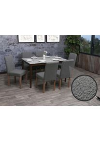 6er-Set Esszimmerstuhl Littau, Stuhl Küchenstuhl Hochlehner, Stoff/Textil Bouclé Holz ~ grau, naturfarbene Beine